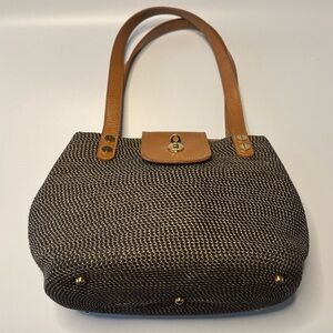 Eric Javits Squishee Satchel Handbag Tote Black Cream Woven Bag Tan Leather Trim